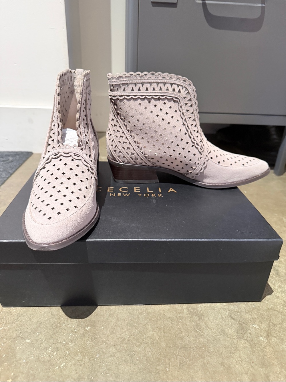 CECELIA NEW YORK Blush Pink Perforated Suede Ankle Booties